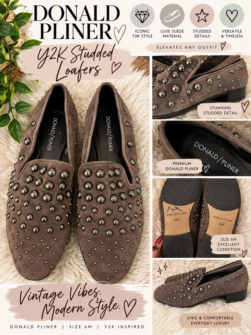 Donald J. Pliner Taupe Suede Studded Loafers
